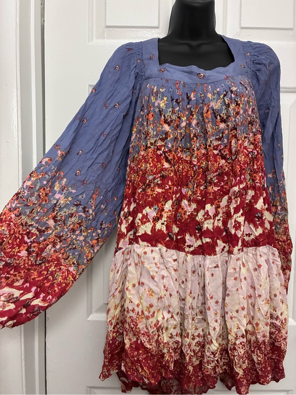 Free People Simple Thing floral Tunic Dress Medium Blue Red Boho Babydoll
